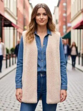 Liz Claiborne Women's Faux Fur Vest Medium – Tan Open Front